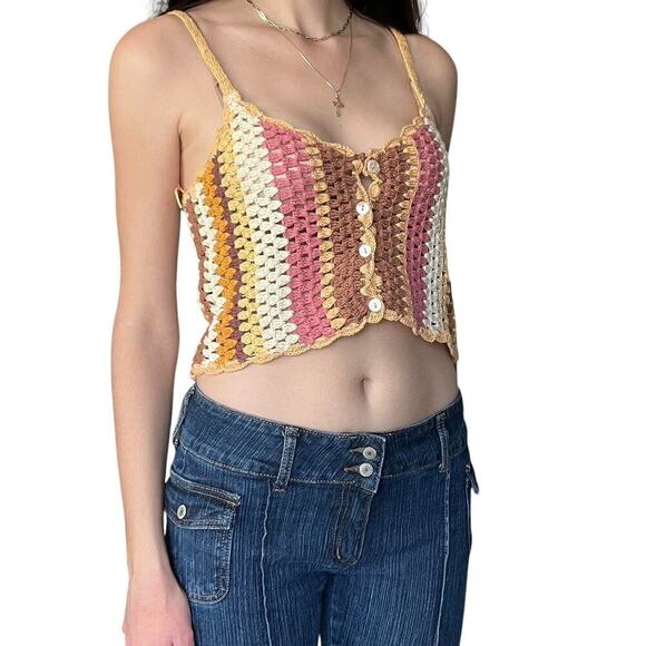 Zara Multicolor Crochet Knit Button Tank Top Boho Festival Y2K Size M/L - Picture 3 of 9
